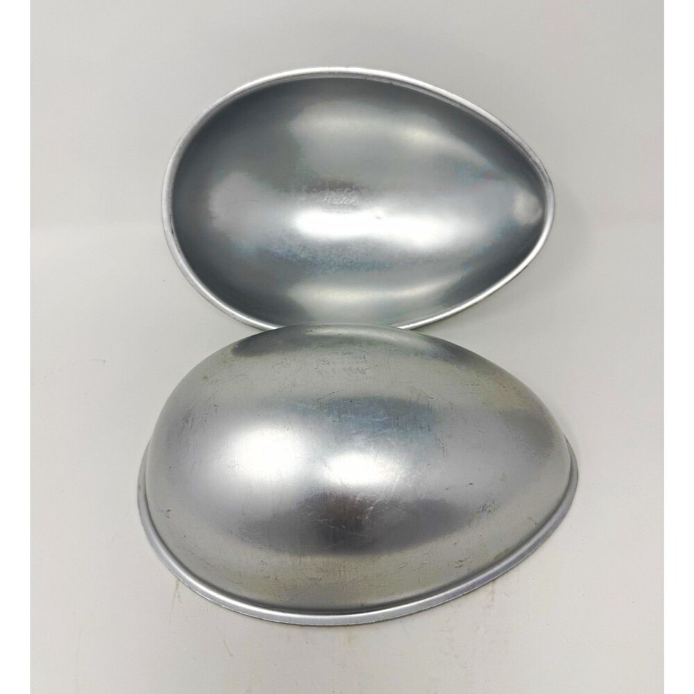 1971 Wilton 3D Egg Cake Pan Mold 2-Piece Aluminum Silver, Model 502-2121